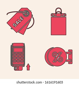 Set Signboard hanging with an inscription discount percent, Price tag with an inscription Sale, Paper shopping bag and Pos terminal with inserted credit card icon. Vector