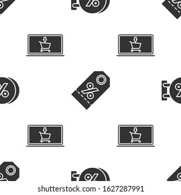 Set Signboard hanging with an inscription discount percent, Discount percent tag and Shopping cart on screen laptop on seamless pattern. Vector