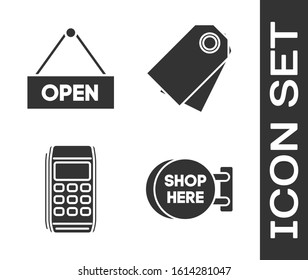 Set Signboard hanging with an inscription shop here, Hanging sign with text Open door, Pos terminal and Blank label template price tag icon. Vector