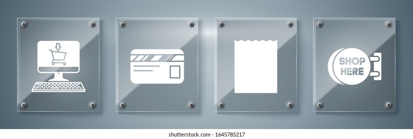 Set Signboard hanging with an inscription shop here, Paper shopping bag, Credit card and Shopping cart on screen computer. Square glass panels. Vector