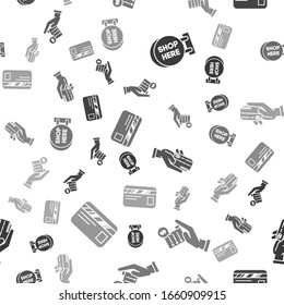 Set Signboard hanging with an inscription shop here, Human hand holding with blank receipt or bill for payment, Human hand holding with credit card and Credit card on seamless pattern. Vector