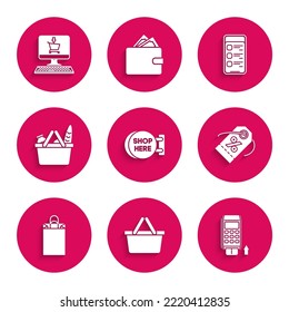 Set Signboard hanging with an inscription shop here, Pos terminal inserted credit card, Discount percent tag, Paper shopping bag, and food, Online mobile phone and cart screen computer icon. Vector