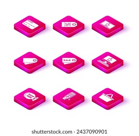 Set Signboard hanging with an inscription shop here, Blank label template price tag, Price Sale, Shopping basket, cart screen computer, laptop and Discount percent icon. Vector