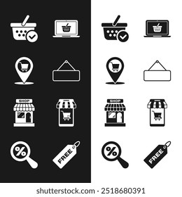 Set Signboard hanging, Location shopping cart, Shopping basket with check mark, laptop, Market store, Mobile and, Price tag Free and Magnifying glass percent icon. Vector