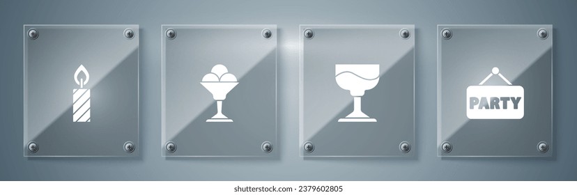 Set Signboard party, Cocktail, Ice cream in bowl and Birthday cake candles. Square glass panels. Vector
