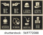 Set signboard. Pointing finger. Toilet retro vintage grunge poster for ladies, cents. The Sign No Smoking in Vintage Style. Vector engraved illustration on dark background. For bars, cafe, pub
