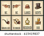 Set signboard. Pointing finger. Toilet retro vintage grunge poster for ladies, cents. The Sign No Smoking in Vintage Style. Vector color engraved illustration on beige background. For bars, cafe, pub