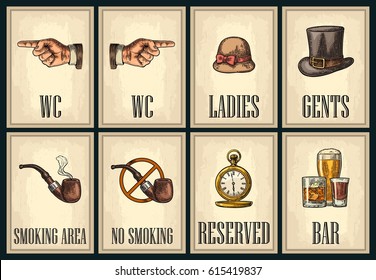 Set signboard. Pointing finger. Toilet retro vintage grunge poster for ladies, cents. The Sign No Smoking in Vintage Style. Vector color engraved illustration on beige background. For bars, cafe, pub