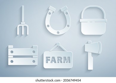 Set Signboard with text Farm, Basket, Wooden box, axe, Horseshoe and Garden pitchfork icon. Vector