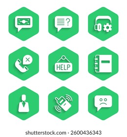 Set Signboard with text Help, Mobile phone, Sad smile, Notebook, Employee, Declined or missed call, Headphoneswith settings and Stacks paper money cash icon. Vector