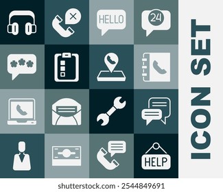 Establecer Signboard con ayuda de texto, chat de burbujas de voz, agenda telefónica, Hola en diferentes idiomas, cuestionario en línea, prueba, Encuesta, auriculares e ícono de ubicación del centro de llamadas. Vector