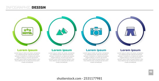 Set Schild mit Text Hotel, Ägypten Pyramiden, Fotokamera und Kurze oder Hose. Vorlage für Geschäftsinformationen. Vektorgrafik