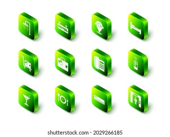 Set Signboard with text Hotel, Five stars rating review, room bed, Remote control, Lift, Telephone handset, Air conditioner and Plate, fork knife icon. Vector