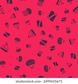 Set Signboard with text Hotel, Jellyfish, Yacht sailboat and Rubber flippers for swimming on seamless pattern. Vector