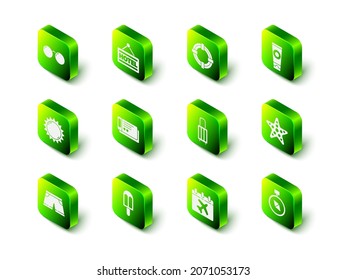 Set Signboard with text Hotel, Lifebuoy, Sunscreen cream in tube, Starfish, Compass, Suitcase, Calendar and airplane and Ice icon. Vector