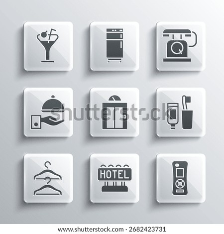 Set Signboard with text Hotel, Remote control, Toothbrush and toothpaste, Lift, Hanger wardrobe, Covered tray, Martini glass and Telephone handset icon. Vector