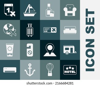 Set Signboard with text Hotel, Rv Camping trailer, room bed, Whiskey bottle and glass, Suitcase, Globe flying plane, Calendar airplane and Airline ticket icon. Vector