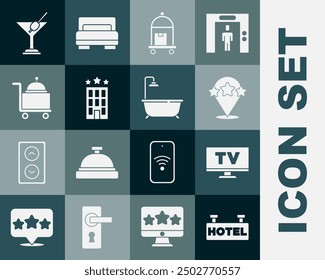 Set Signboard with text Hotel, Smart Tv, Five stars rating review, Suitcase, building, Covered tray, Martini glass and Bathtub shower icon. Vector