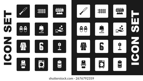 Conjunto Signboard com texto Hotel, lâmpada de mesa, chinelos, faca, dicas de pagamento, aquecedor radiador, estacionamento e ícone do Roupão de banho. Vetor