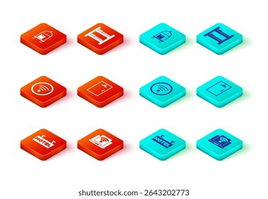 Set Signboard with text Hotel, Wireless laptop, Wi-Fi wireless, Shower cabin, room bed and Suitcase icon. Vector