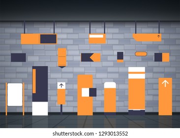 Set of signboards for business. Direction, pole, wall mount and billboard design template. A set of outdoor and indoor signs for advertising. sign pylon, signage, advertising construction.