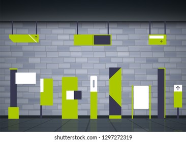 Set of signboards for business. Direction, pole, wall mount and billboard design template. A set of outdoor and indoor signs for advertising. sign pylon, signage, advertising construction.