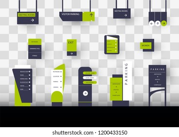 A set of signboards for business. Direction, wall mount and billboard design. A set of outdoor and indoor signs for advertising. a sign of a pylon, signboards, advertising construction of signboards.