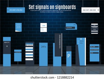 A set of signboards for business. Direction, wall mount and billboard design. A set of outdoor and indoor signs for advertising. a sign of a pylon, signboards, advertising construction of signboards.