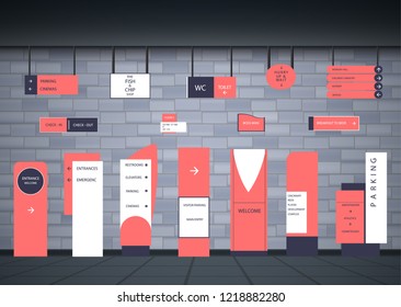 A set of signboards for business. Direction, wall mount and billboard design. A set of outdoor and indoor signs for advertising. a sign of a pylon, signboards, advertising construction of signboards.