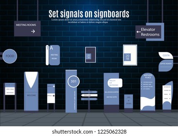 A set of signboards for business. Direction, wall mount and billboard design. A set of outdoor and indoor signs for advertising. a sign of a pylon, signboards, advertising construction of signboards.