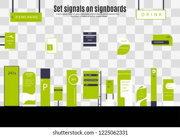 A set of signboards for business. Direction, wall mount and billboard design. A set of outdoor and indoor signs for advertising. a sign of a pylon, signboards, advertising construction of signboards.