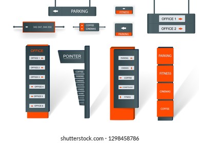A set of signboards for business. Direction, wall mount and billboard design. A set of outdoor and indoor signs for advertising. a sign of a pylon, signboards, advertising construction of signboards.
