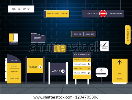 A set of signboards for business. Direction, wall mount and billboard design. A set of outdoor and indoor signs for advertising. a sign of a pylon, signboards, advertising construction of signboards.