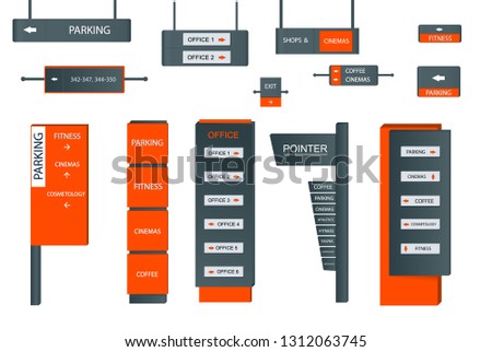 A set of signboards for business. Direction, wall mount and billboard design. A set of outdoor and indoor signs for advertising. a sign of a pylon, signboards, advertising construction of signboards.