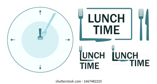 Conjunto de carteles con texto de hora de almuerzo. Reloj con tenedor como mano de reloj.Descanso del almuerzo. Horquilla y cuchillo como parte del texto. Ilustración vectorial.