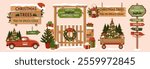 A set with Signboards, road signs and rustic Christmas scenes. Entrance gate with a Christmas tree sign, a car carrying Christmas trees, a wheelbarrow with gifts. Snowy village scene.