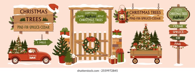 A set with Signboards, road signs and rustic Christmas scenes. Entrance gate with a Christmas tree sign, a car carrying Christmas trees, a wheelbarrow with gifts. Snowy village scene.