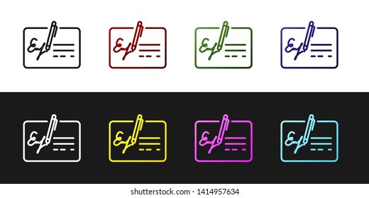 Set Signed document line icon isolated on black and white background. Pen signing a contract with signature. Edit document sign. Vector Illustration