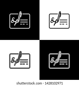 Set Signed document line icons isolated on black and white background. Pen signing a contract with signature. Edit document sign. Vector Illustration