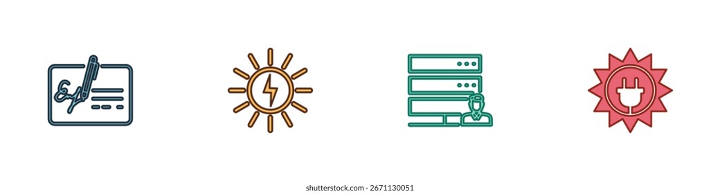 Documento firmado, panel de energía solar, servidor de atención al Cliente e ícono. Vector