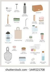 Set of signed vector elements, eco, green and zero waste lifestyle on light background. Kitchen, bathroom, cosmetics, eco bag. For shop, article, website, illustration, infographic template.