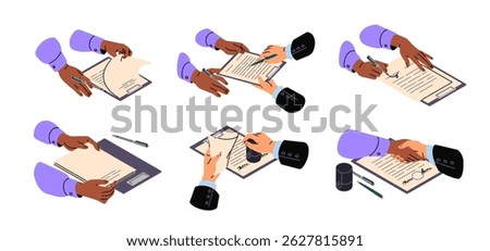 Set of signing notarial documents, papers. People read, make contracts. Hands put seal, signature on agreement, handshaking. Business deal and partnership. Flat isolated vector illustration on white