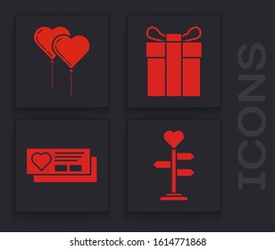 Set Signpost with heart, Balloons in form of heart with ribbon, Gift box and Ticket with heart icon. Vector