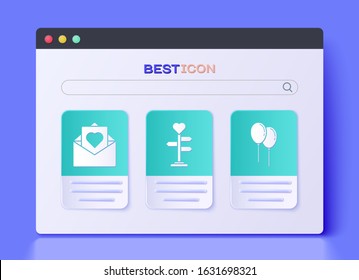 Set Signpost with heart, Envelope with Valentine heart and Balloons with ribbon icon. Vector