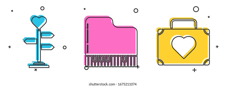 Set Signpost with heart, Grand piano and Suitcase for travel with heart icon. Vector