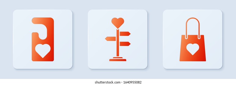 Set Signpost with heart, Please do not disturb with heart and Shopping bag with heart. White square button. Vector