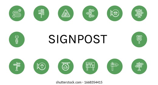 Set of signpost icons. Such as Distance, Signpost, Pothole, Signboard, Road sign , signpost icons