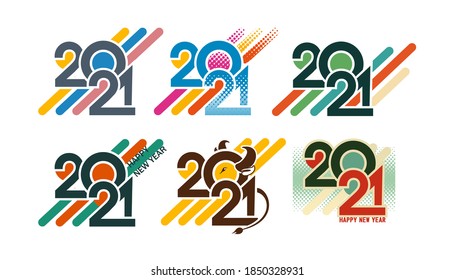 conjunto de signos 2021 composición de color de los números para sus volantes de vacaciones, postales, felicitaciones y tarjetas de invitación para una fiesta de Navidad o Año Nuevo con un estilo retro Fondo blanco