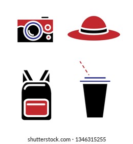 Set of signs about summer travel. Icons for web design, silhouettes of hat, camera, backpack and drink cup