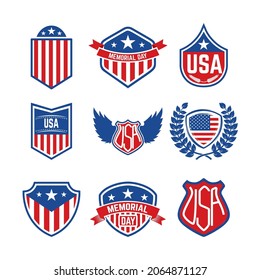 Set of signs with american flag. Design element for poster, t shirt, logo, emblem, sign. Vector illustration